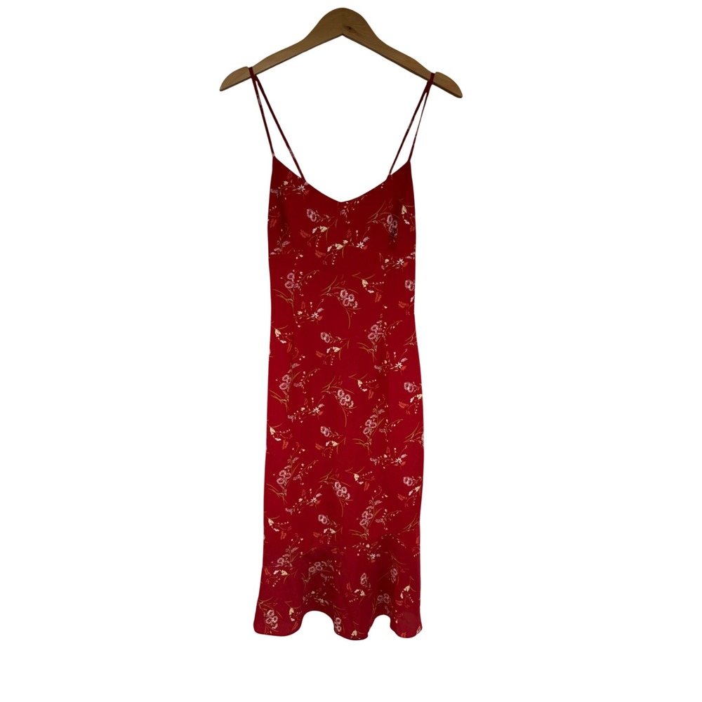 VTG 90's Express World Brand Red Floral Midi Dress Spaghetti Strap babydoll 5/6